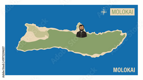 Map of Molokai with Father Damien Icon