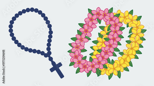 Religious Rosary and Hawaiian Leis
