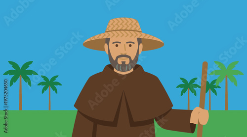 Father Damien Wearing Typical Straw Hat