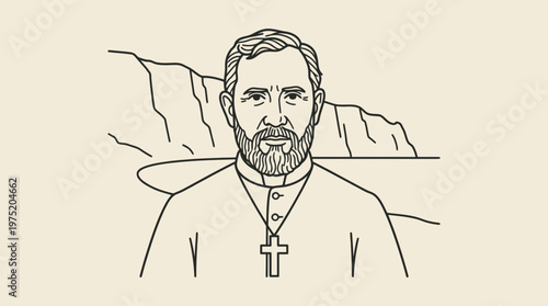 Simple Line Art Father Damien Portrait