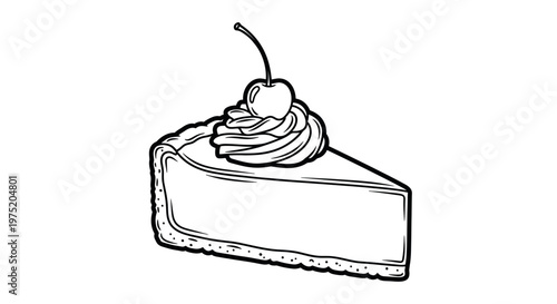 Hand-drawn slice of cheesecake with cherry and whipped cream, black and white sketch