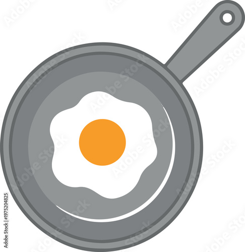 A simple and clear top-down illustration of a perfectly cooked fried egg with a bright yellow yolk centered in a grey frying pan, ready for breakfast.