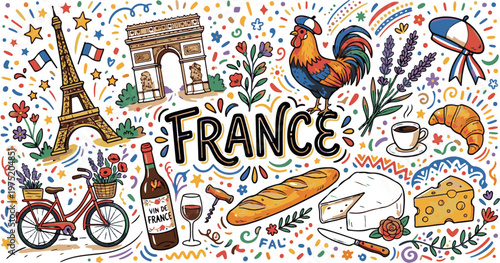 A charming and richly detailed hand-drawn doodle illustration representing the cultural landmarks and culinary delights of France, featuring the Eiffel Tower, cheese, wine, and a rooster.