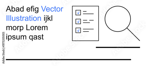 Search optimization, task tracking, analytics, productivity, planning, data organization. Illustration shows a checklist and magnifying glass alongside placeholder text. Search and task tracking