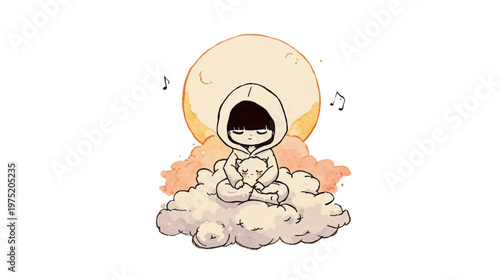 Calm Hooded Child Cuddling Plush Toy on Fluffy Cloud with Musical Notes Under Warm Moon