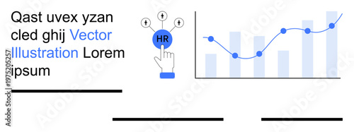 Human resources, data analysis, workforce management, business strategy, HR analytics, performance tracking. Bar graph with rising data and HR interaction button. HR analytics and data analysis
