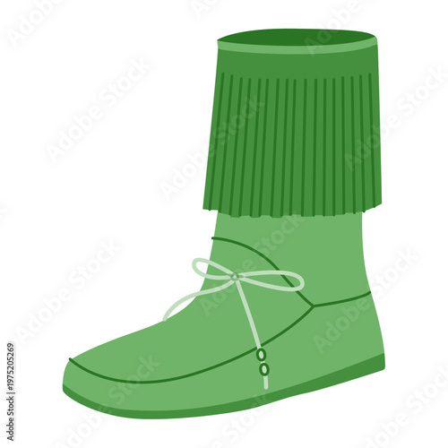 Green lace-up fringed ankle boot women flat pair. Fringe trim with side lacing for festival moment, ethnic style. Technical fashion illustration CAD mockup smooth vector men unisex isolated style.
