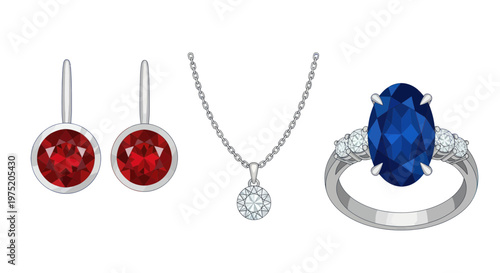 Elegant Gemstone Jewelry Set: Ruby Earrings, Diamond Pendant Necklace, Sapphire Ring