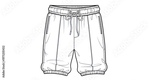 Fashion sketch of casual shorts with drawstring and elastic waistband