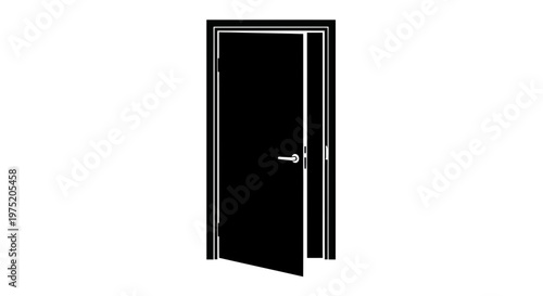 Open Black Door with Silver Handle on White Background Silhouette