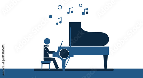 Simple Silhouette of a Person Playing Grand Piano with Music Notes, Minimalist Style