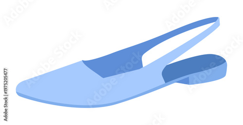 Blue slingback flat shoe women flat. Open back pointed toe footwear for summer outfit fresh wardrobe. Technical fashion illustration CAD mockup smooth vector man unisex isolated trendy style.