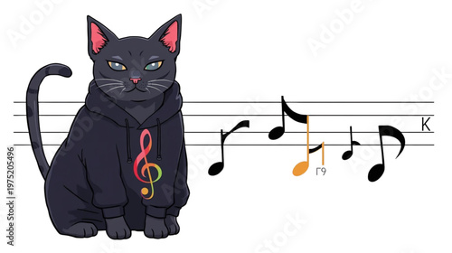 Cat Wearing a Hoodie with a Colorful Treble Clef Design and Surrounded by Musical Notes