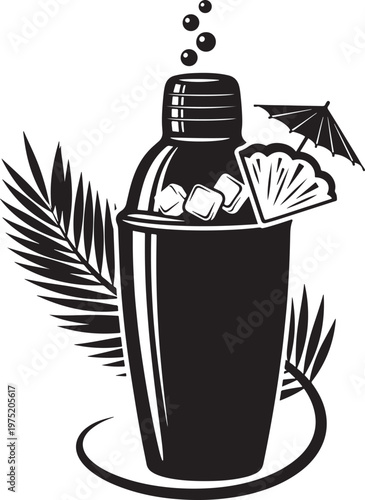 Tropical cocktail shaker with pineapple and palm leaves, cocktail