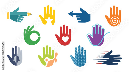 Collection of diverse hand gesture icons representing various actions, emotions, and symbols, including pointing, OK sign, heart, and abstract designs.