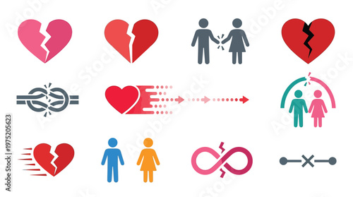 Collection of icons representing relationship breakups, divorce, and separation, including broken hearts and disconnected couples.