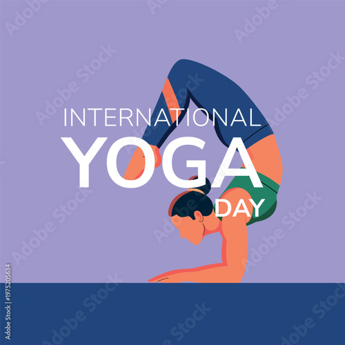 Illustration of a woman performing a challenging yoga pose for International Yoga Day, promoting health and wellness.