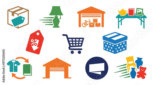Collection of colorful icons representing various retail, shopping, and donation concepts, including boxes, tags, furniture, and a shopping cart.