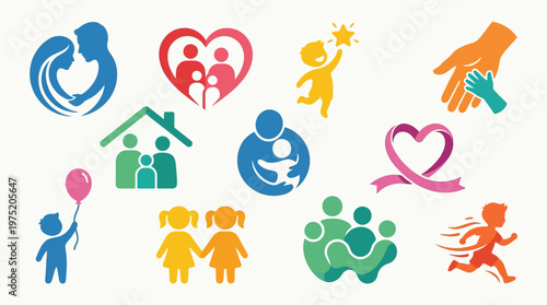 Collection of colorful icons representing family, love, care, support, and community, with children and adults depicted in various nurturing and active scenarios.