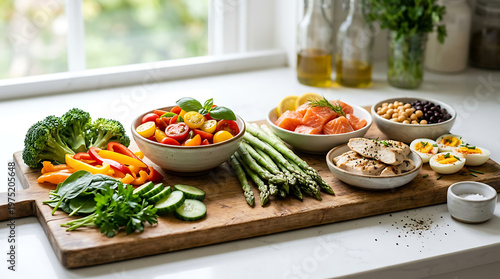 Variety of fresh vegetables on cutting board.