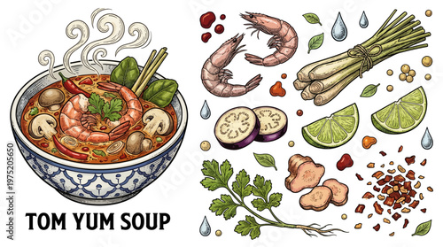 Thai Tom Yum Soup Vector Illustration with Fresh Ingredients Set Including Shrimp, Lemongrass, and Lime