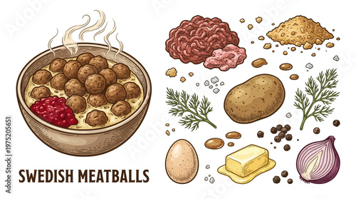 Traditional Swedish Meatballs with Cream Sauce and Lingonberry Jam Vector Illustration, Food Recipe Ingredients Set with Minced Meat, Potato, Egg, and Onion