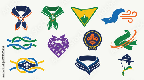 Foto Collection of Scout neckerchiefs, knots, and emblems representing scouting traditions and symbols