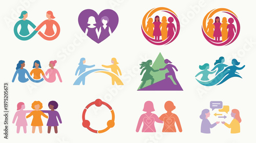 Collection of diverse icons representing women's empowerment, unity, and collaboration in various settings.