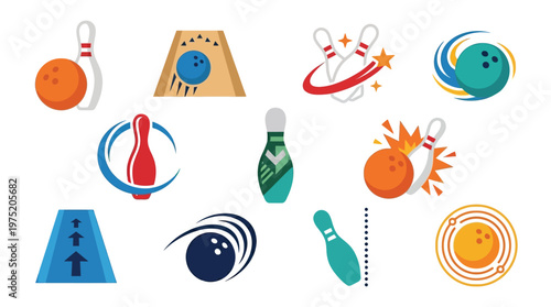 Collection of bowling-themed icons and illustrations, featuring pins, balls, and action shots.