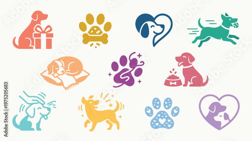 Collection of stylized dog icons and paw prints, representing various aspects of canine companionship and care.