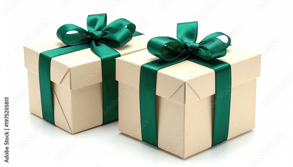 Fototapeta premium Two elegant ivory gift boxes wrapped with emerald green ribbon and bow isolated against a clean white background for celebrations and special occasions
