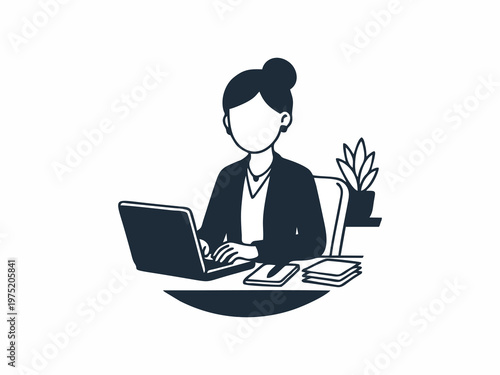 Business woman working on laptop at office desk flat illustration