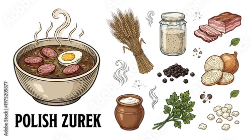 Traditional Polish Zurek Soup and Ingredients Vector Illustration - Rustic Sour Rye Soup with Sausage, Egg, Bacon, Wheat, and Herbs