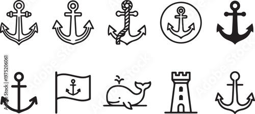 This diverse collection showcases various nautical-themed line art icons, including multiple anchor designs, a marine flag, a majestic whale, and a guiding lighthouse, perfect for maritime projects.