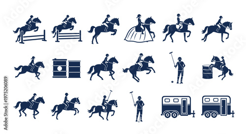 Equestrian Sports Icons: Horse Riding, Jumping, Polo, Barrel Racing, Trailer