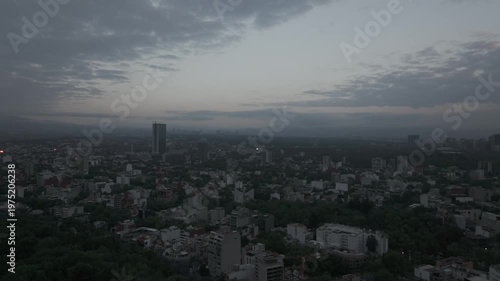 Thought process
Thought process
Title: Aerial view flying backward over the Condesa neighborhood in Mexico City at sunrise, tree-lined streets and rooftops under a moody cloudy dawn sky