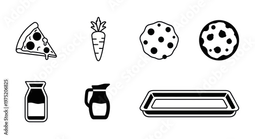 Simple Food Icons: Pizza, Carrot, Cookies, Milk, Jug, Tray - Line Art