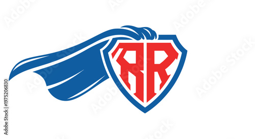 Obraz na płótnie Superhero Shield with Red RR Logo and Blue Cape - Symbol of Power and Protection