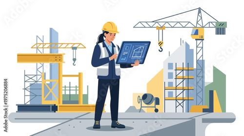 Female Architect Engineer Holding Digital Tablet with Blueprint at Construction Site, Flat Vector Illustration of Industrial Development and Urban Project Planning