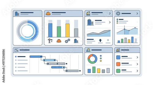 Industrial Construction Project Management Dashboard UI with Gantt Chart and Analytics Graphs