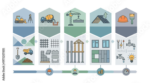 Construction Process Infographic Showing Building Stages from Site Preparation and Foundation to Framing, Roofing, and Finishing Interior Utilities