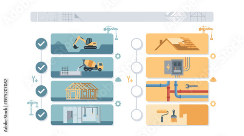 Construction Project Workflow Infographic Illustrating Stages from Foundation and Framing to Electrical, Plumbing, and Finishing