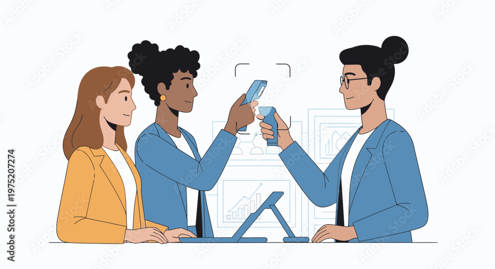 Obraz premium Diverse team collaborating using smartphones and digital screens for business success and modern communication