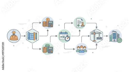 Construction Project Management Workflow Infographic showing Building Lifecycle Process from Design to Completion with Flat Line Icons