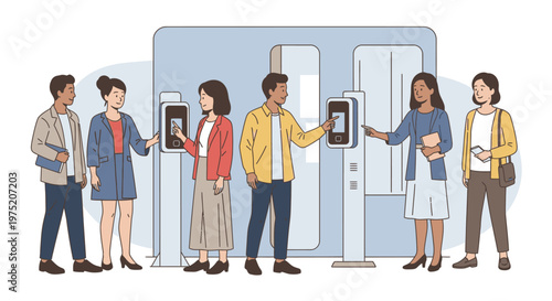 Diverse individuals engaging with modern self-service kiosks, using smartphones for digital check-in, registration, and access control in a tech-savvy environment.