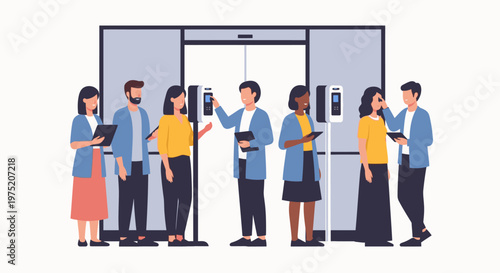 Diverse employees undergoing temperature checks before entering an office building, demonstrating new normal health and safety protocols for workplace return.