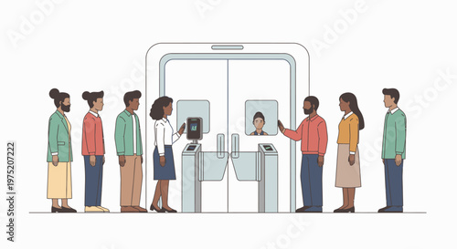 Diverse people queueing for automated self-service kiosks, utilizing modern technology for efficient check-in and transactions in a futuristic setting.