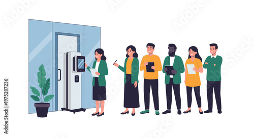 Diverse group of people waiting in line for facial recognition scanner at office entrance