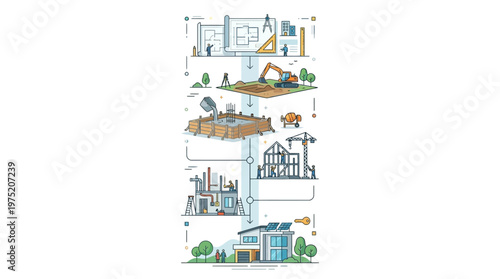 Stages of House Construction Infographic: Architectural Planning, Foundation, Framing, and Finished Sustainable Home Development Process Vector Illustration