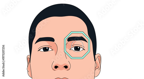 Close-up of a man's eye with an octagon shape highlighting the eyebrow area, isolated on white background.